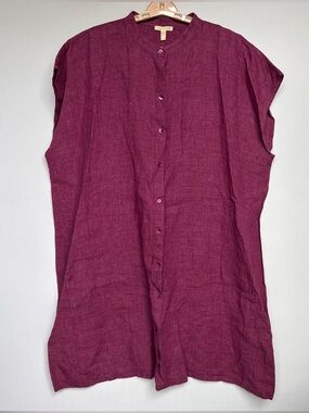 EILEEN FISHER Organic Linen Delave  Shirt Dress 2X Button Up Mandarin Collar EUC